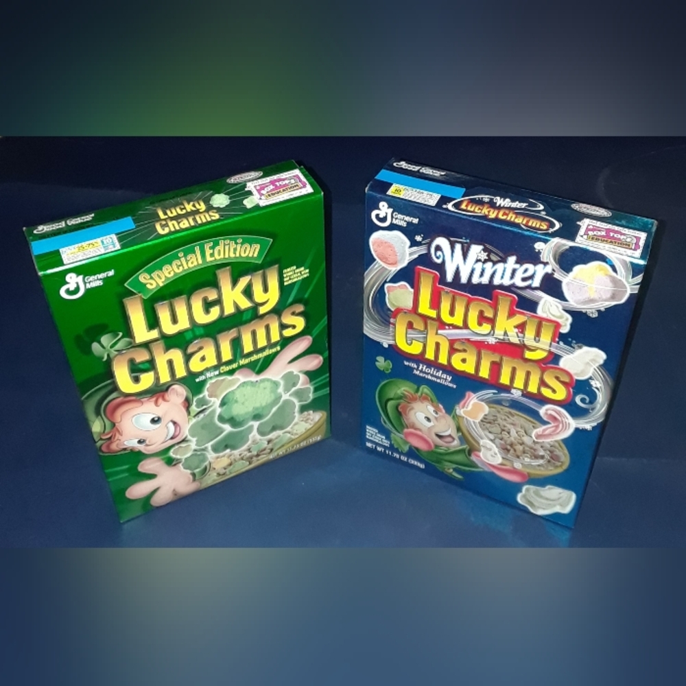2 Vintage Unopened Boxes of Special Edition Luck Charms cereal from early 1990s